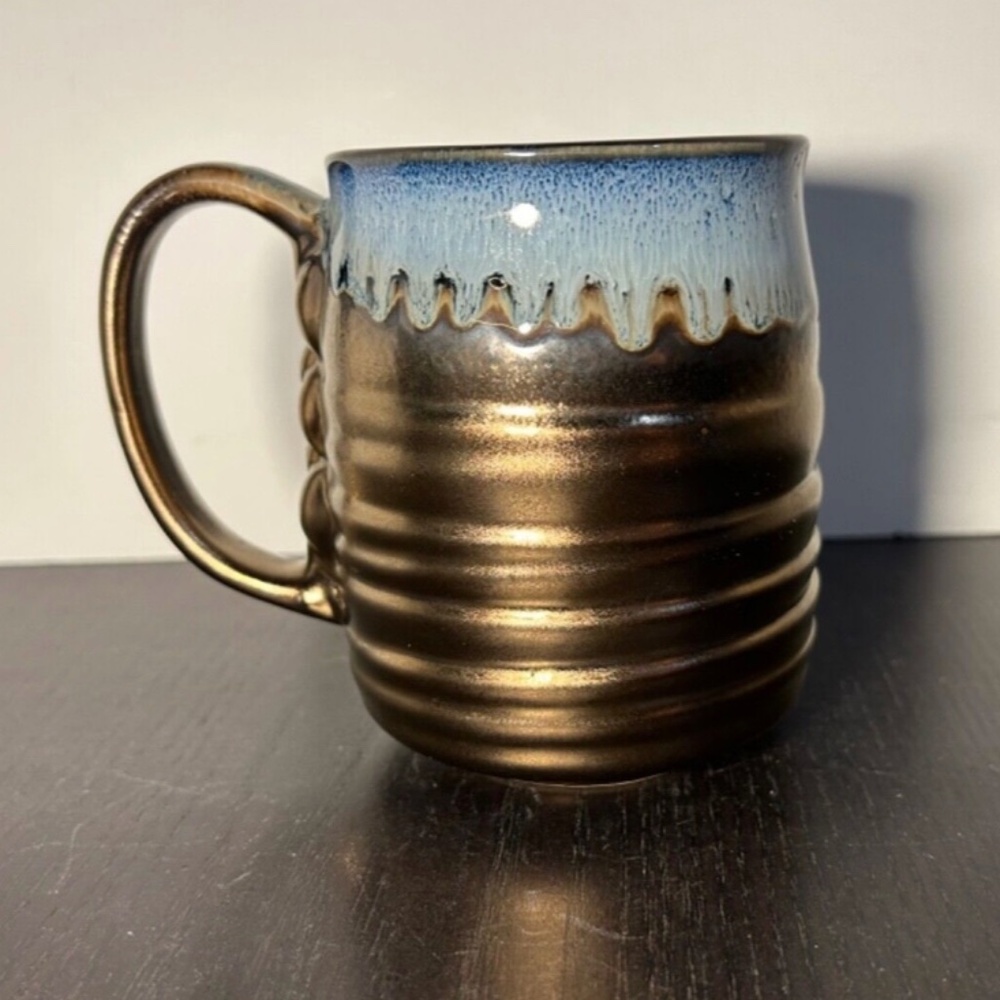La Rochelle Artisan Crafted Stoneware Coffee Mug Blue & Metallic Gold/Bronze